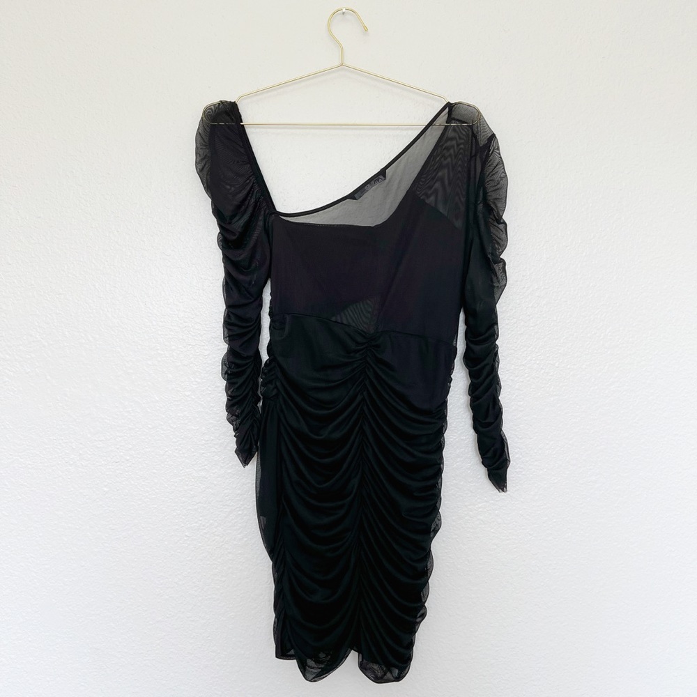 ZARA Draped Ruched Sheer Mini Dress in Black SZ L - Picture 8 of 11
